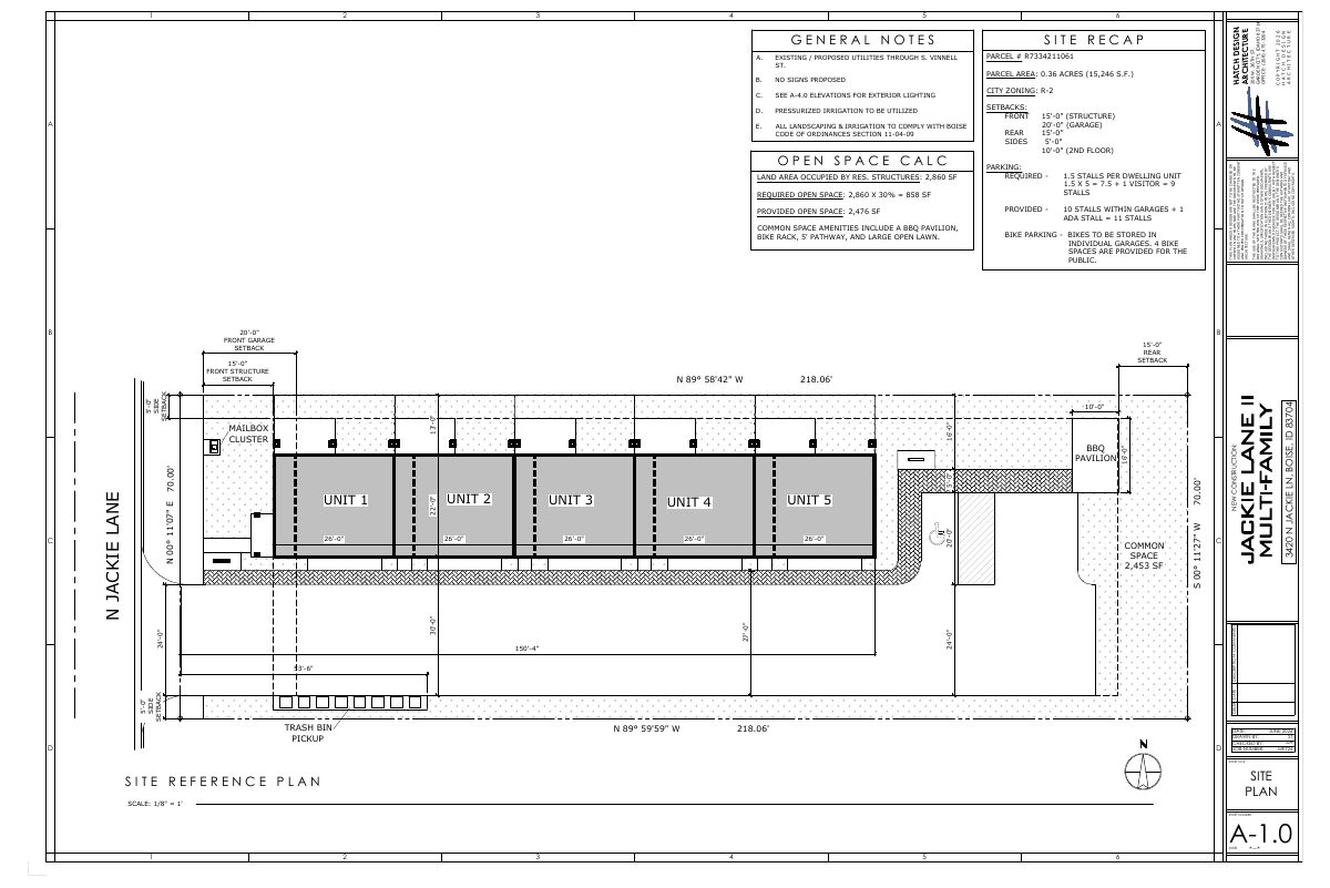 Site plan: 5-unit multifamily building proposed on a third of an acre