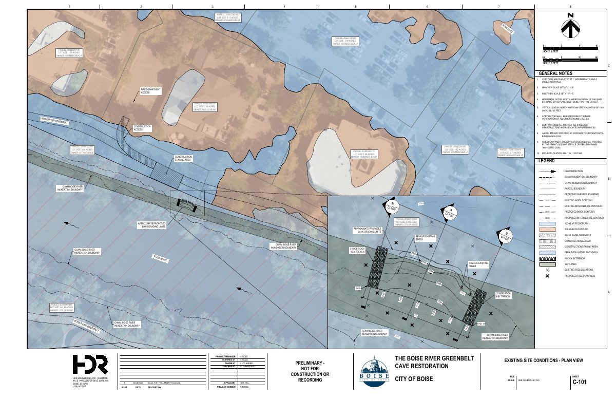 Site plan: Bank repair proposed on Boise River to remove cave-like hollow beside Greenbelt