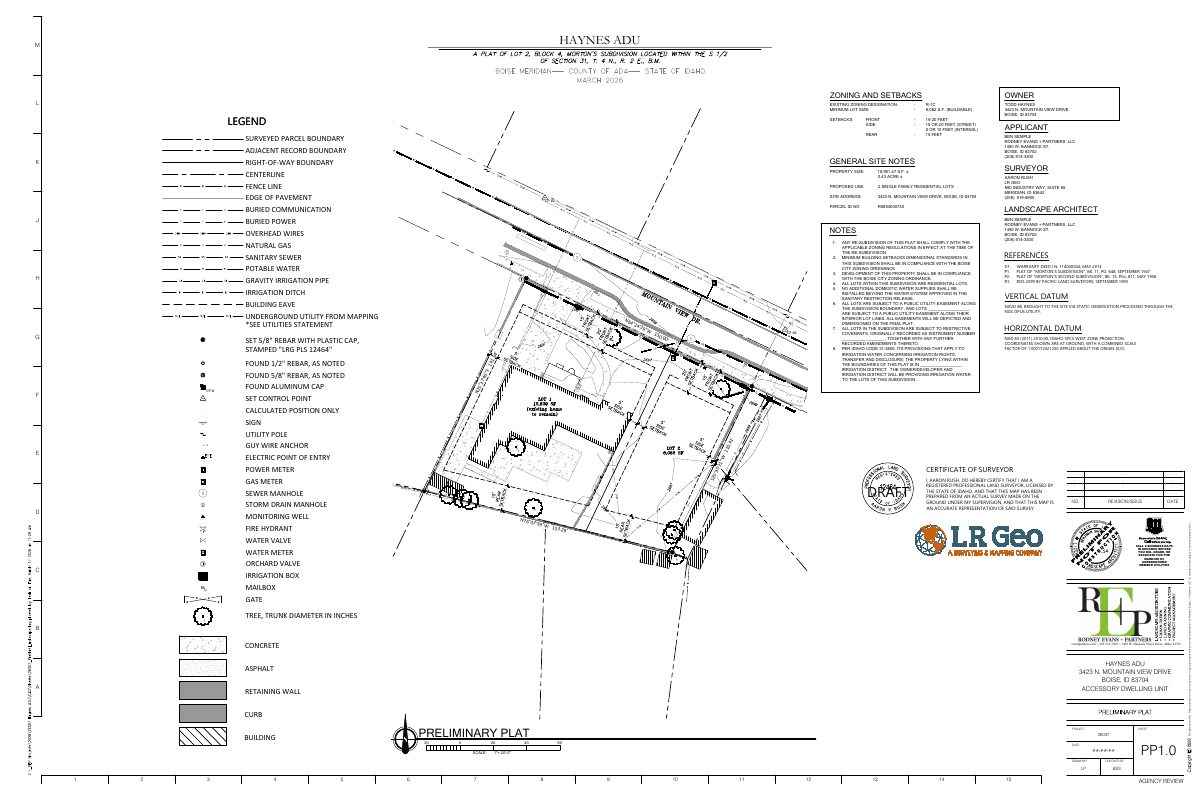Site plan: Two-lot subdivision with sidewalk variance proposed on 0.43-acre site