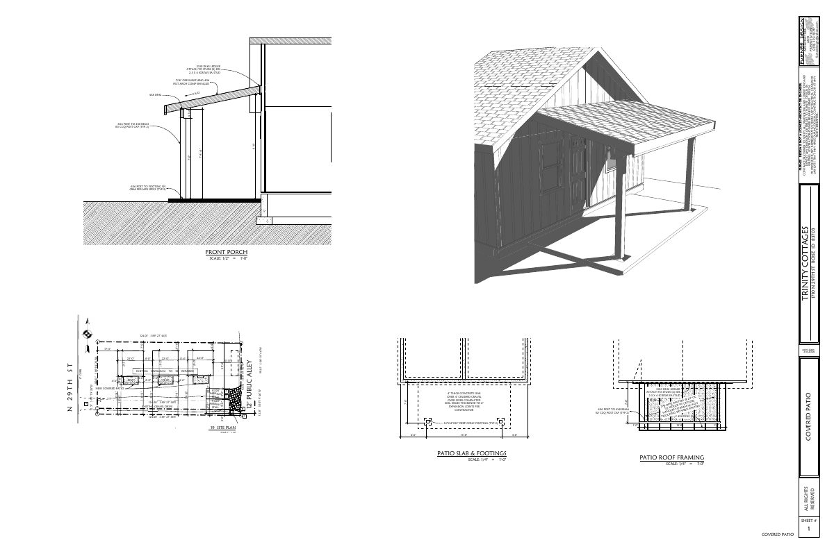 Site plan: Covered front porches proposed for three small homes on one lot