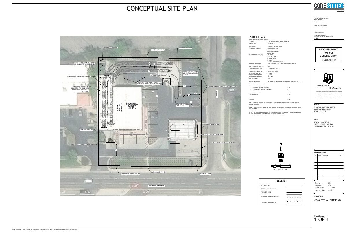Site plan: 7 Brew drive-through coffee shop proposed in converted carwash and gas station building