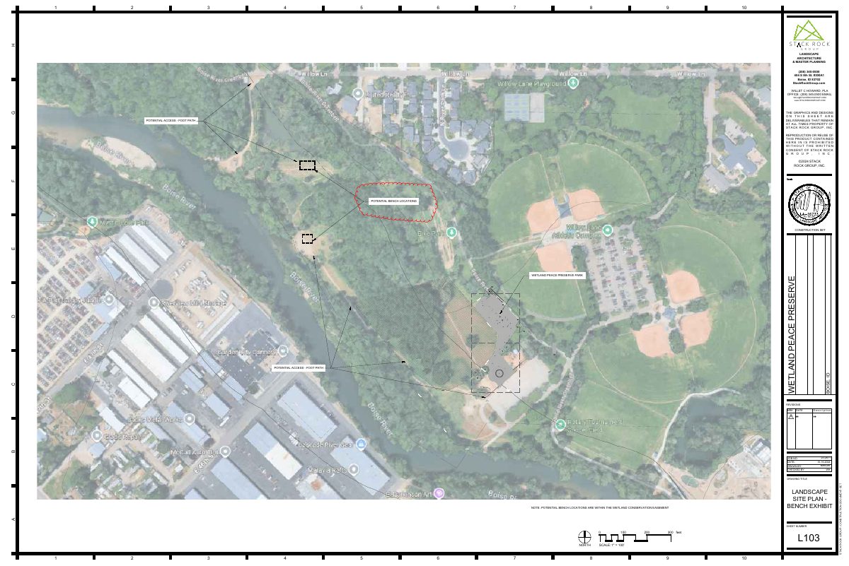 Site plan: Three sandstone boulder benches proposed for river wetland preserve