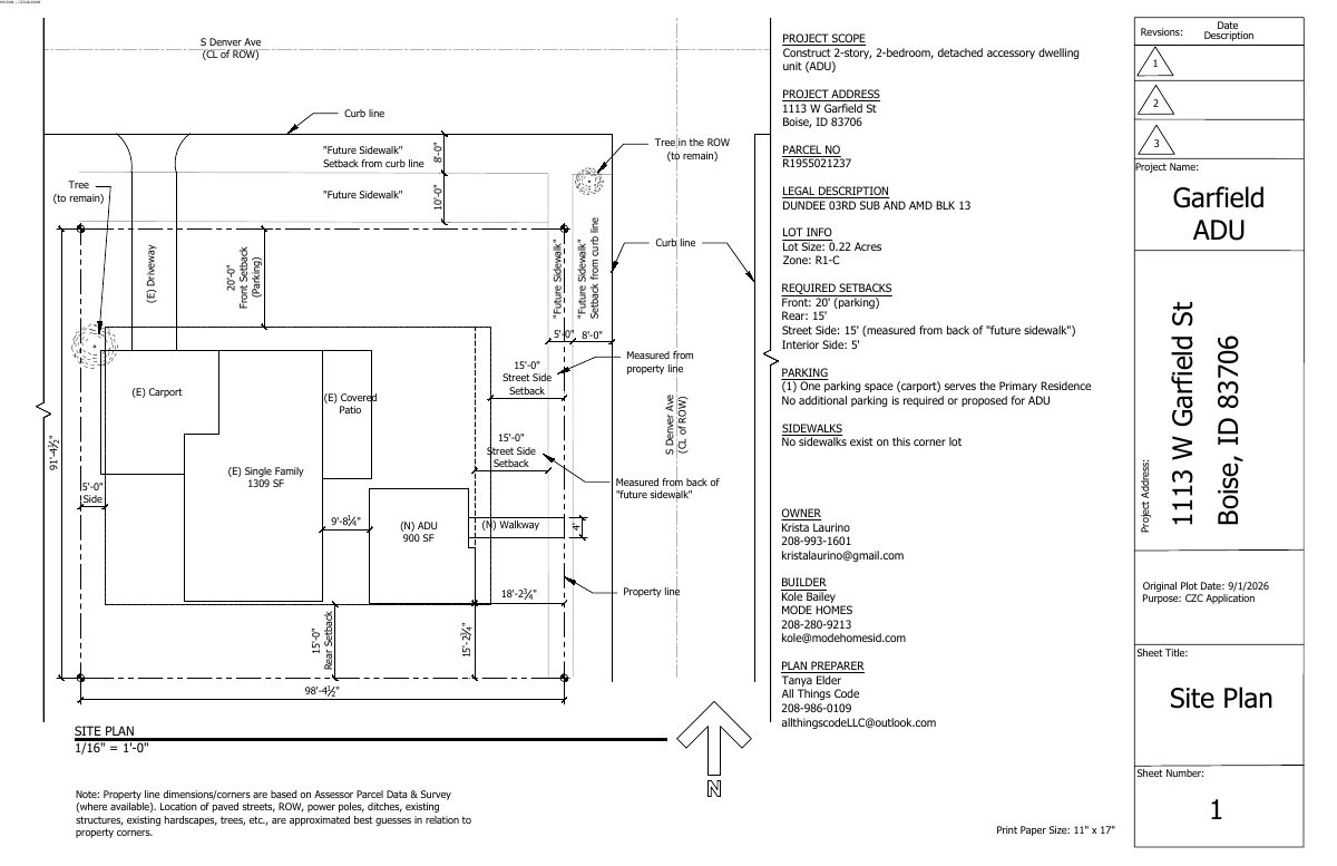 Site plan: Two-bedroom, two-story backyard rental home proposed next to existing house