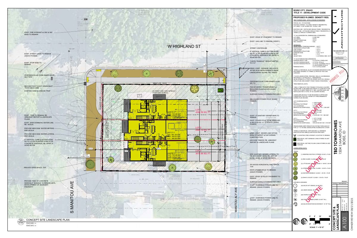 Site plan: 3 attached townhomes proposed on small lot, replacing existing house