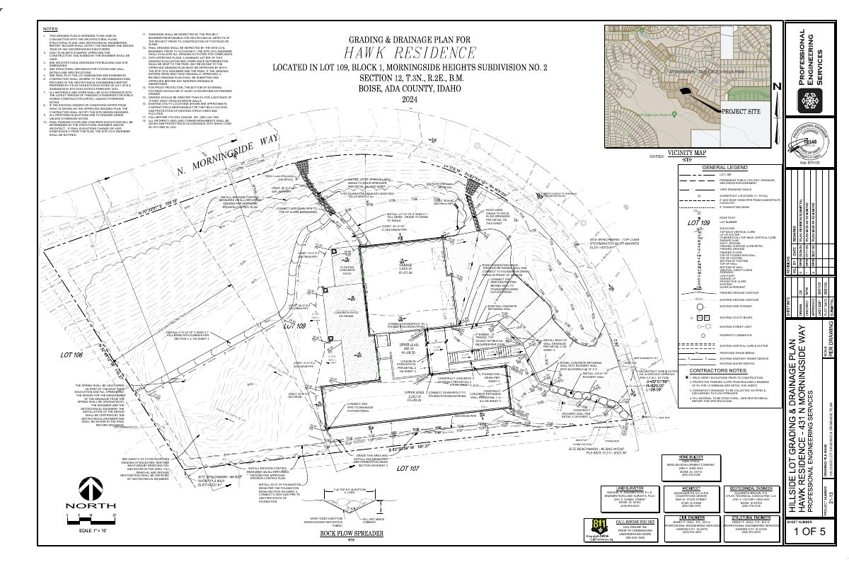 Site plan: Single-family home proposed on hillside lot of about half an acre