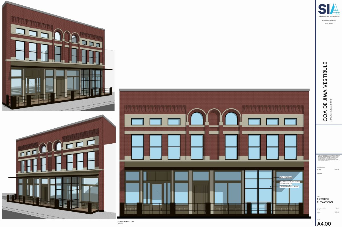 Site plan: Exterior vestibule addition approved for commercial building in historic district