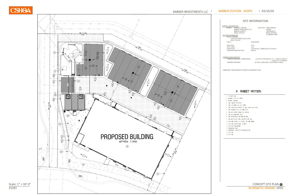 Site plan: 7,958-square-foot commercial building proposed on 0.64-acre vacant site