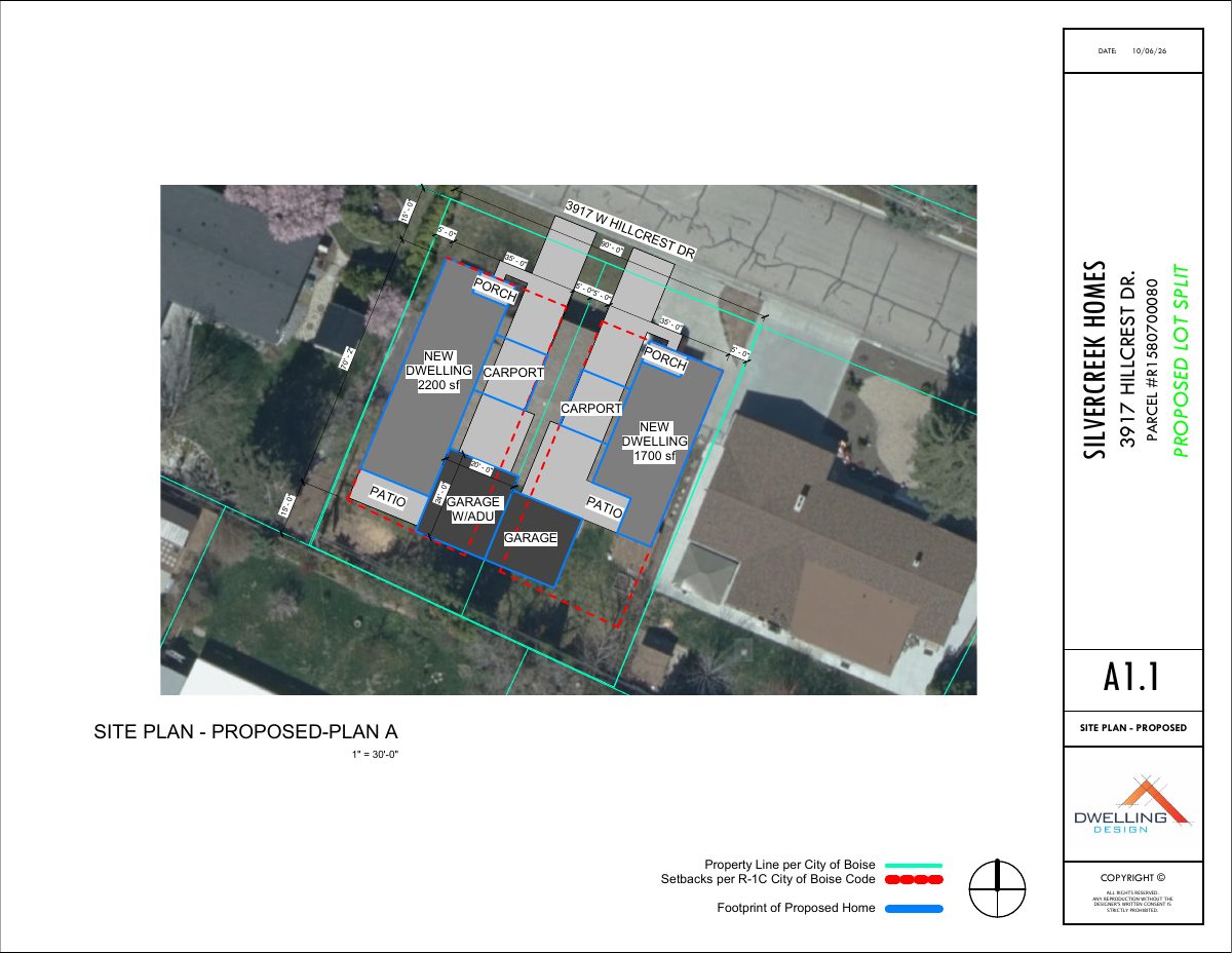 Site plan: Lot split proposed for a residential property, with two home layouts shown