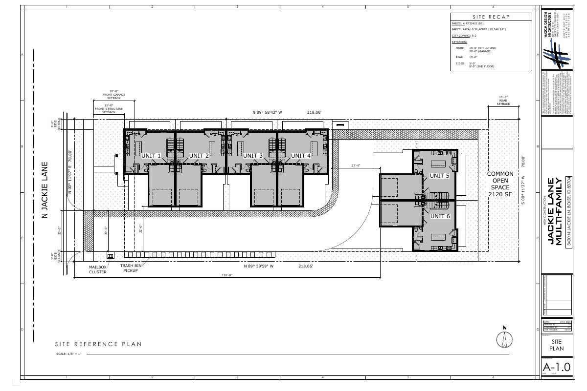 Site plan: Six-unit multifamily building proposed on vacant lot
