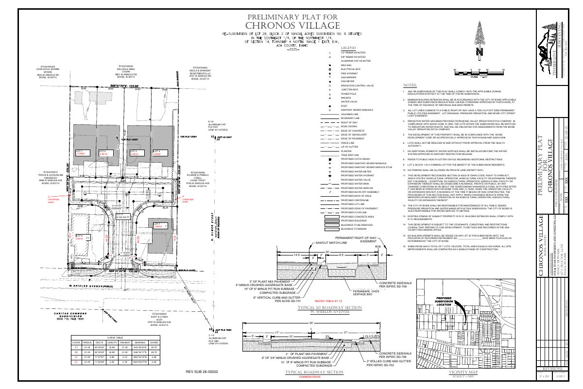 Site plan: 6-lot subdivision with four new townhomes proposed, keeping existing house