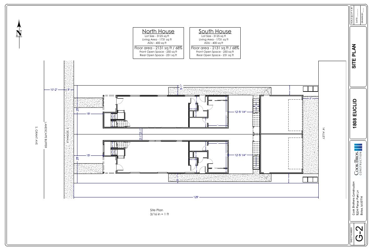 Site plan: Four homes approved on small lots: two houses, each with a garage apartment