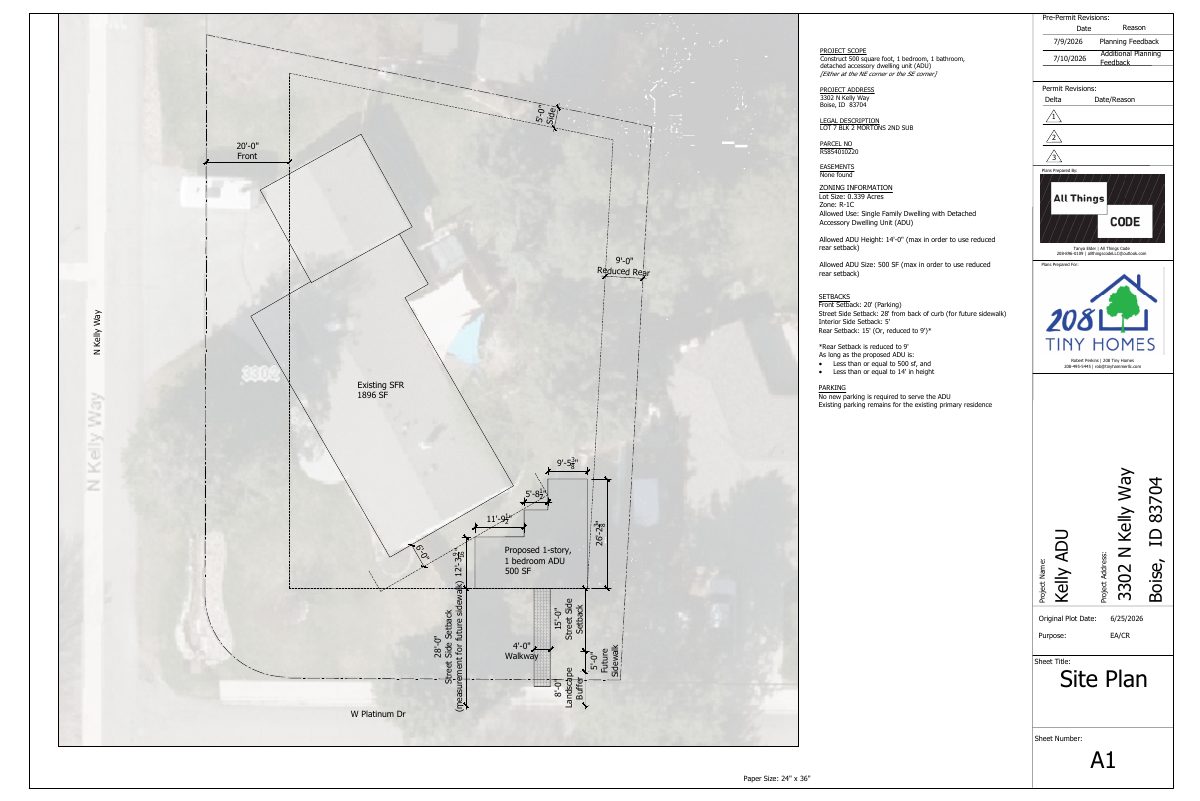 Site plan: 500-square-foot accessory dwelling proposed behind existing single-family home