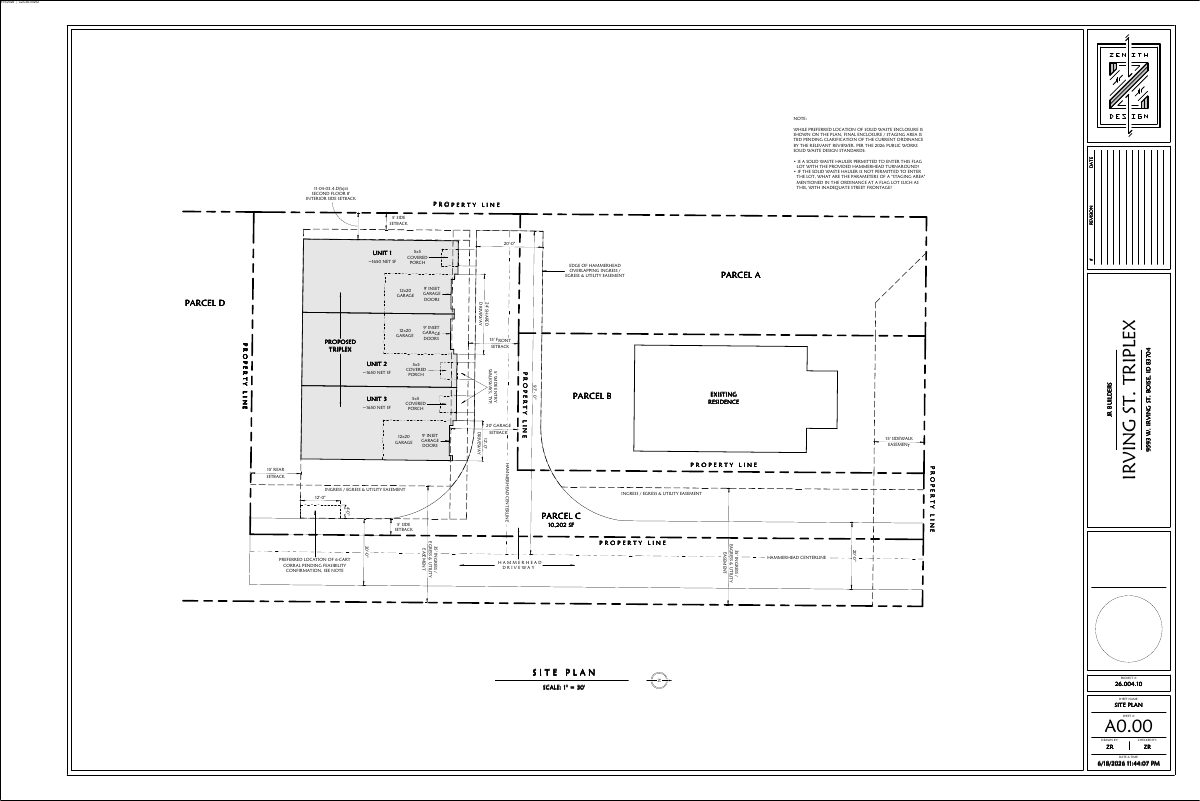 Site plan: Triplex with all-electric systems proposed under city sustainability incentive