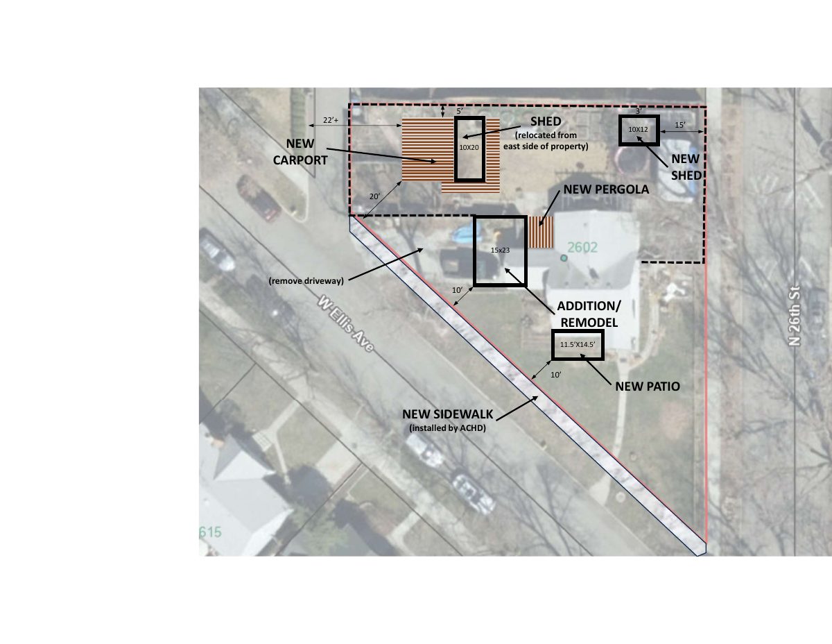Site plan: Carport, patio and shed changes approved for existing home in historic area