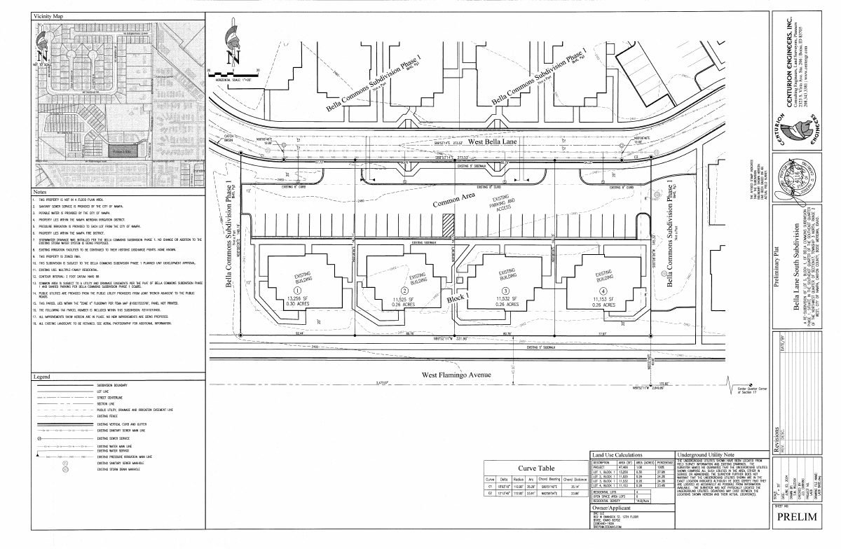 Site plan: Split of 1-acre site into 4 lots, each with its own building, approved with conditions