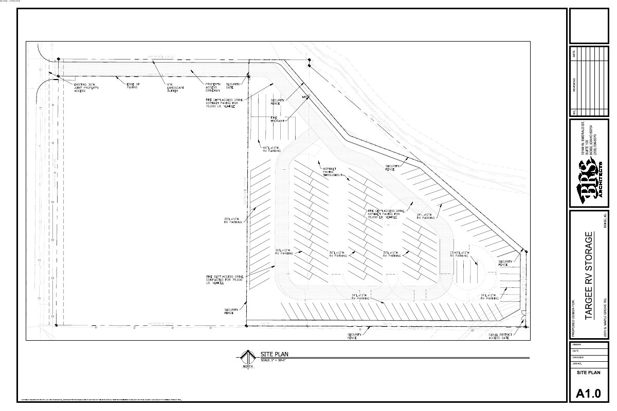 Site plan: Self-service storage facility proposed on 3.3-acre site, with floodplain review