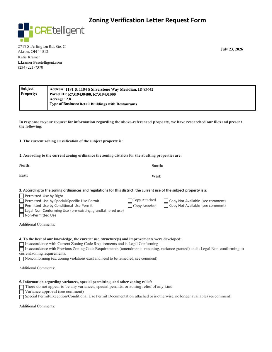 Site plan for Zoning verification letter approved for commercial property in Meridian