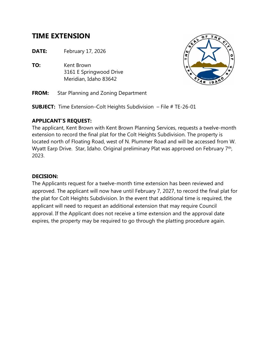 Site plan: Star council approves time extension for Colt Heights Subdivision