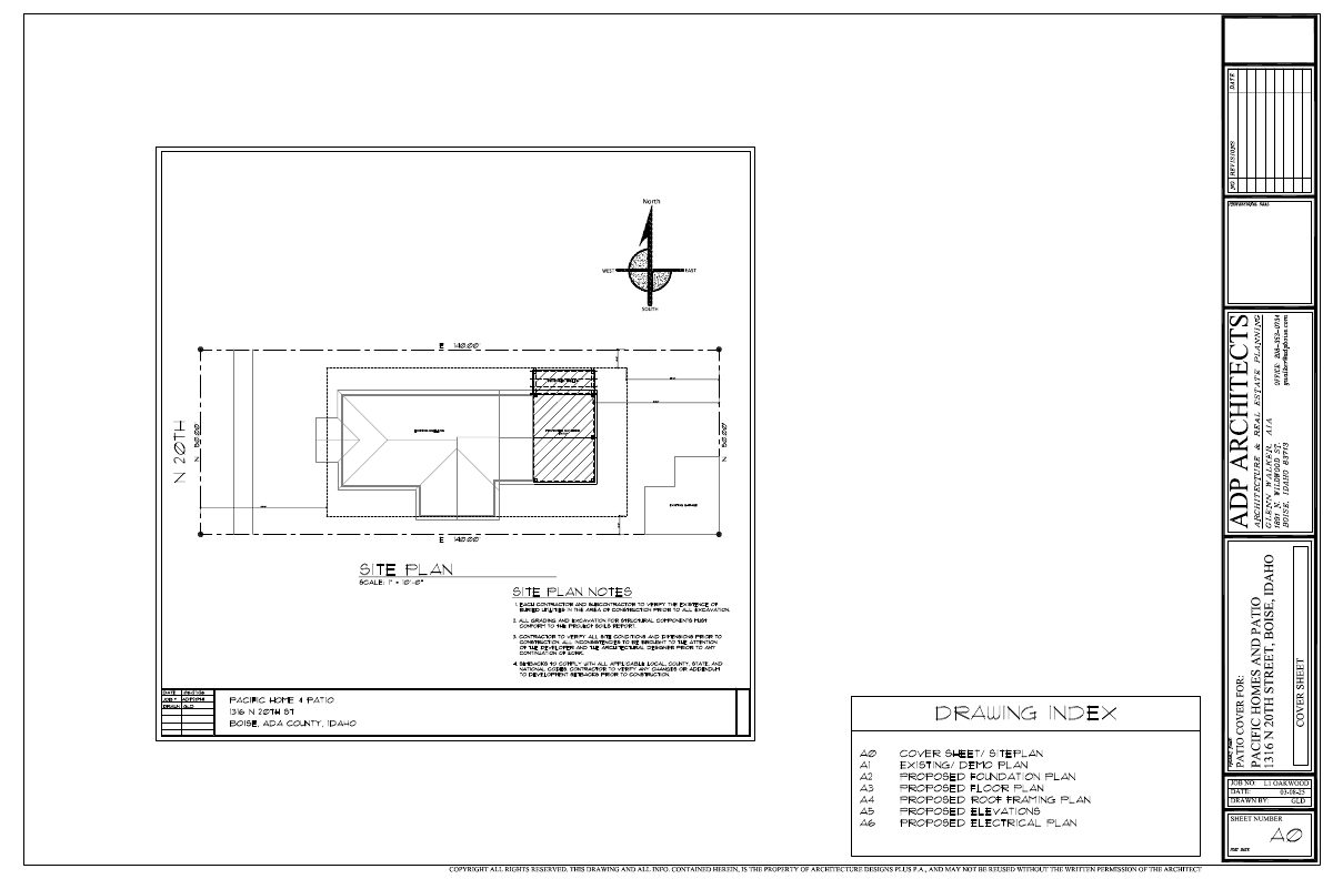 Site plan: Covered rear patio approved for single-family home in historic district