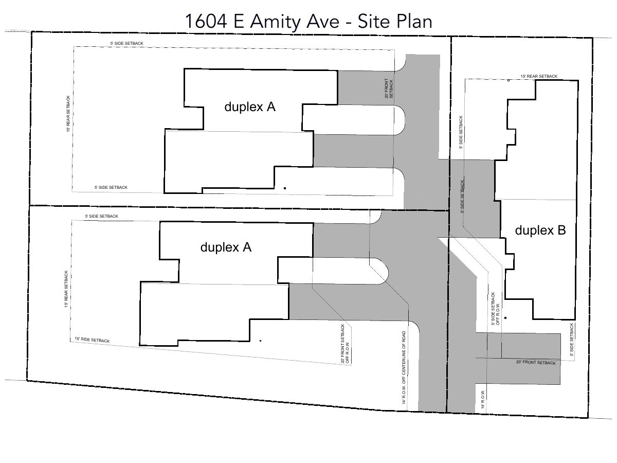 Site plan: Three duplexes, 6 homes total, proposed on three single-family lots