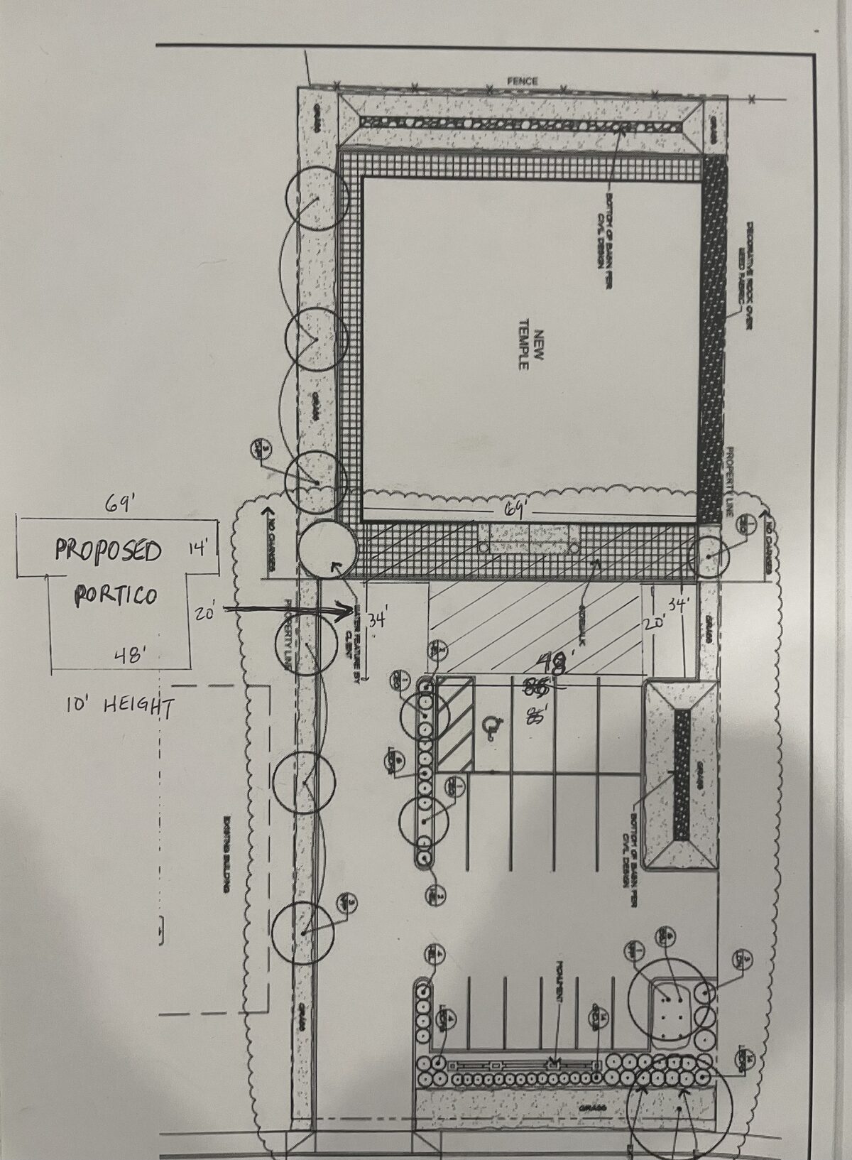 Site plan: Front portico addition proposed for commercial building