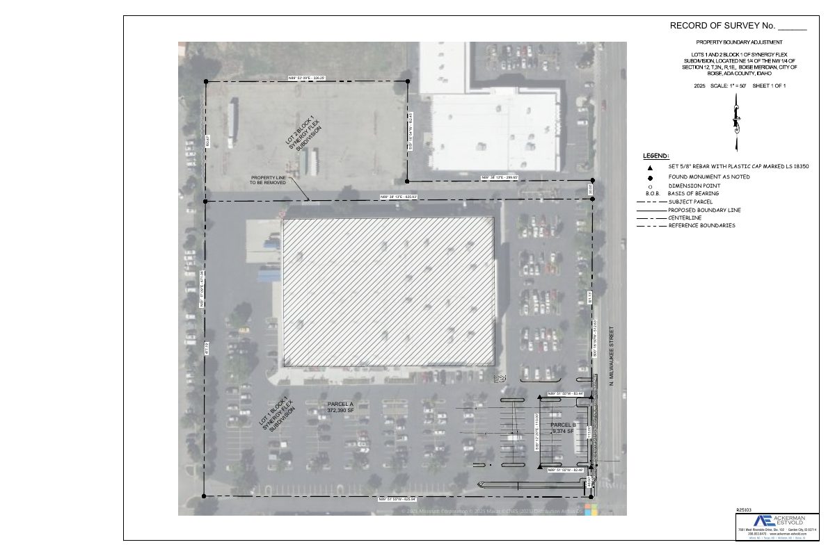 Site plan: Property line adjustment creates 9,374 sq. ft. parcel for future redevelopment