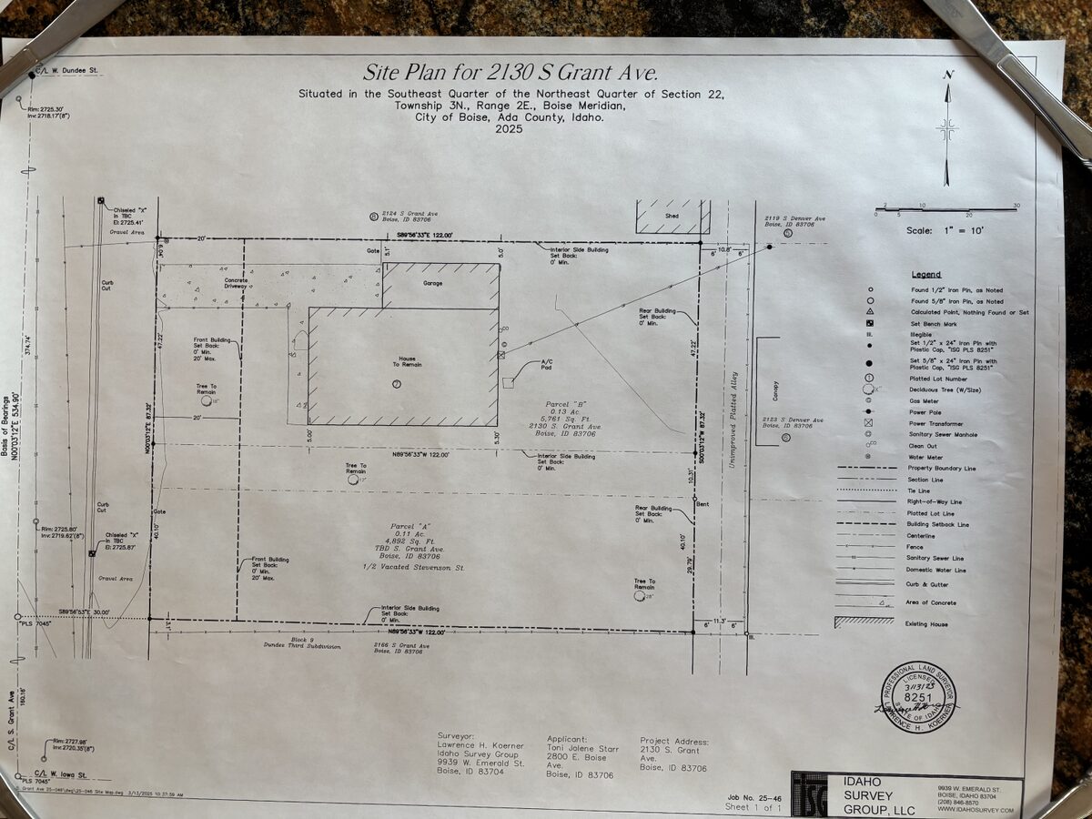 Site plan: Minor land division proposed for quarter-acre lot with one home