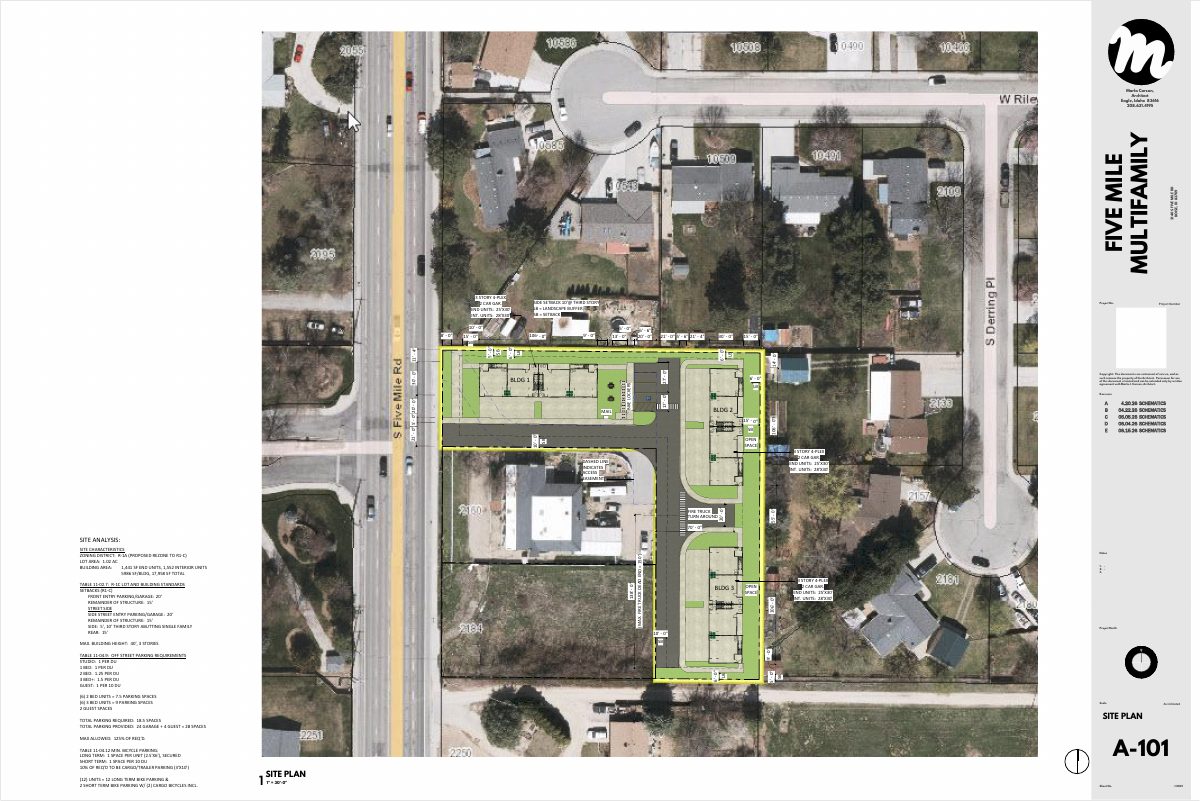 Site plan: 12-unit multi-family development proposed on 1-acre site, with rezoning for smaller lots