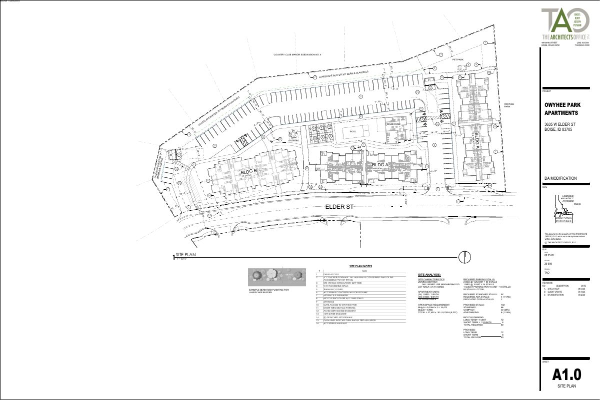 Site plan: 72-unit apartment complex proposed on vacant lot, replacing approved hotel plan