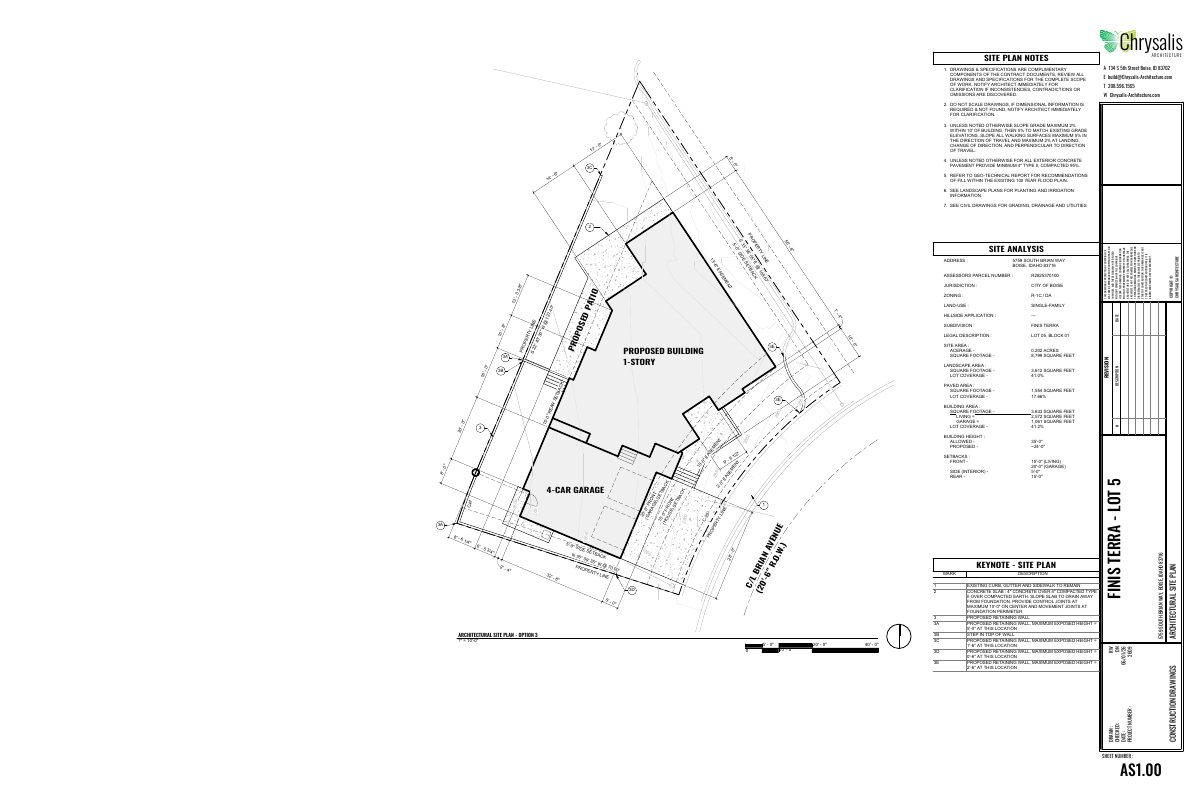 Site plan: Single-family home with retaining walls proposed on 0.2-acre hillside lot
