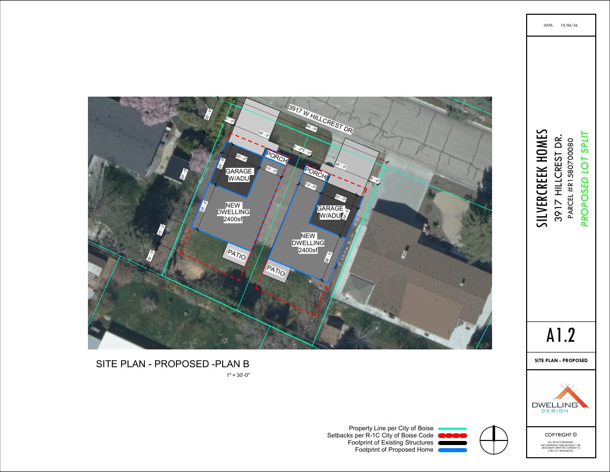 Site plan: Lot split sought for residential property, with two home layouts under review
