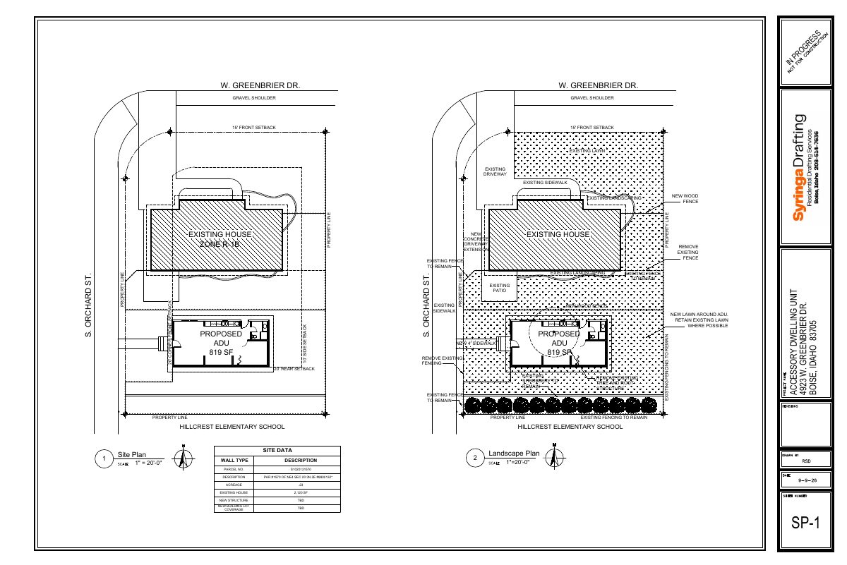 Site plan: Detached accessory dwelling unit proposed on a 0.23-acre residential lot