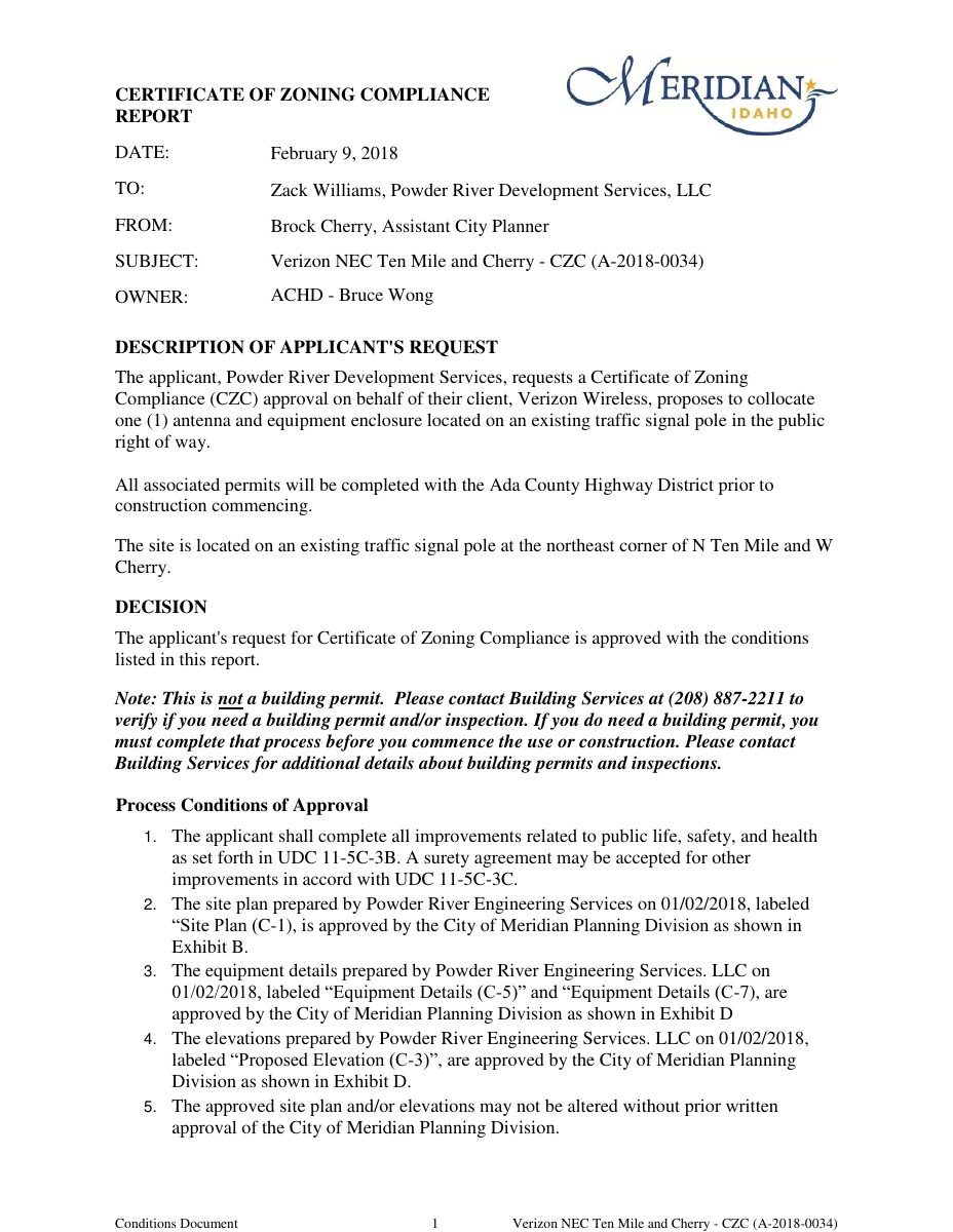 Site plan: Verizon antenna approved for traffic signal pole in Meridian