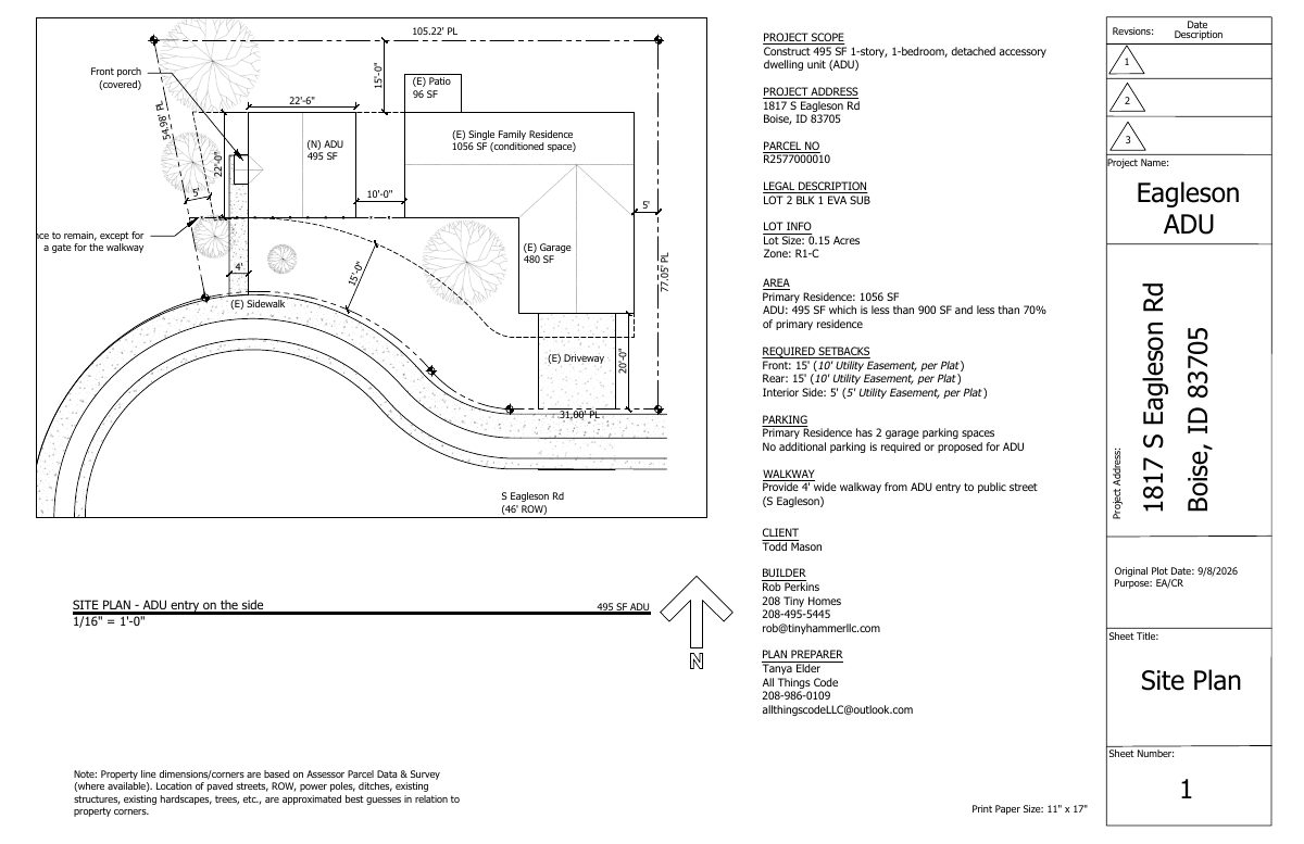 Site plan: Detached accessory dwelling unit proposed on residential lot
