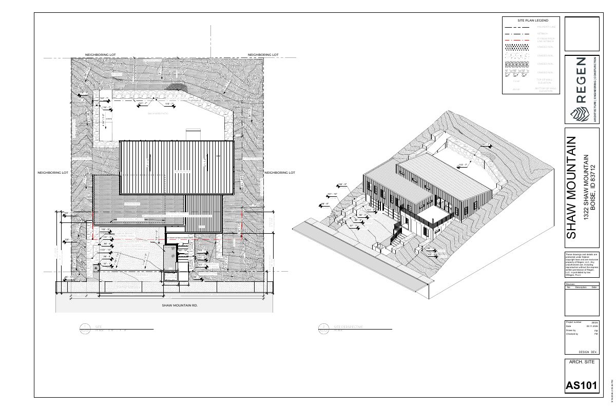 Site plan: New single-family home with retaining walls proposed on hillside lot