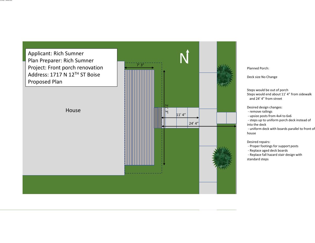 Site plan: Front porch remodel approved for historic North End house, with wood-material conditions