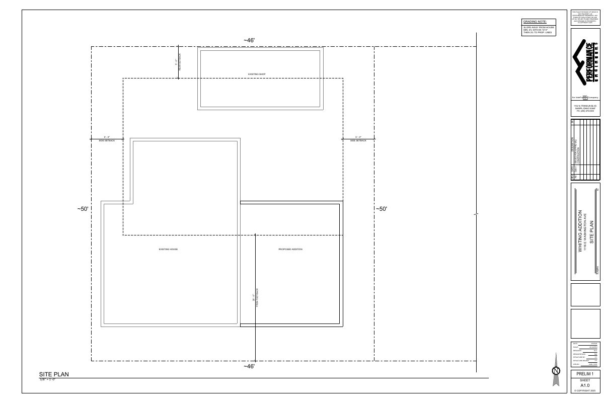 Site plan: Setback variance approved for home addition keeping front wall flush with existing house