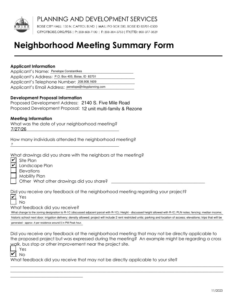 Site plan: 12-unit multifamily development proposed on 1-acre site, with rezone needed